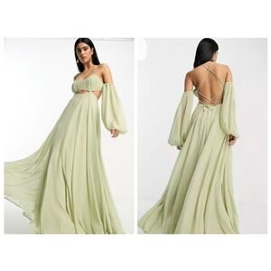 ASOS Design Maxi Dress Babydoll Off Shoulder Cut Out Goddess Sage Green Size 12